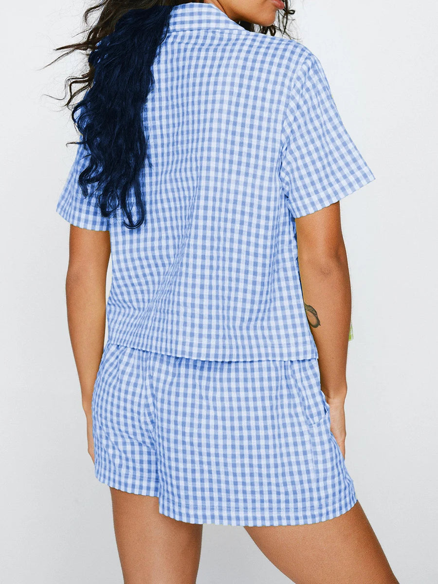 New Gingham Pajama Shorts set Women's 2 Piece Lounge Set Short Sleeve Lapel Plaid Shirt Tops Shorts Sleepwear Sets