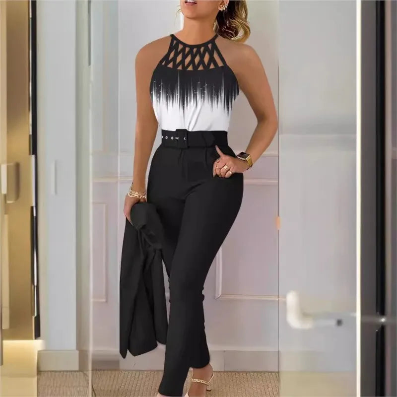 Elegant Women's Two Piece Set Suit Autumn Summer Fashion Print Hollow Out Sleeveless Tops Black Petite Pants Two-piece Set Women