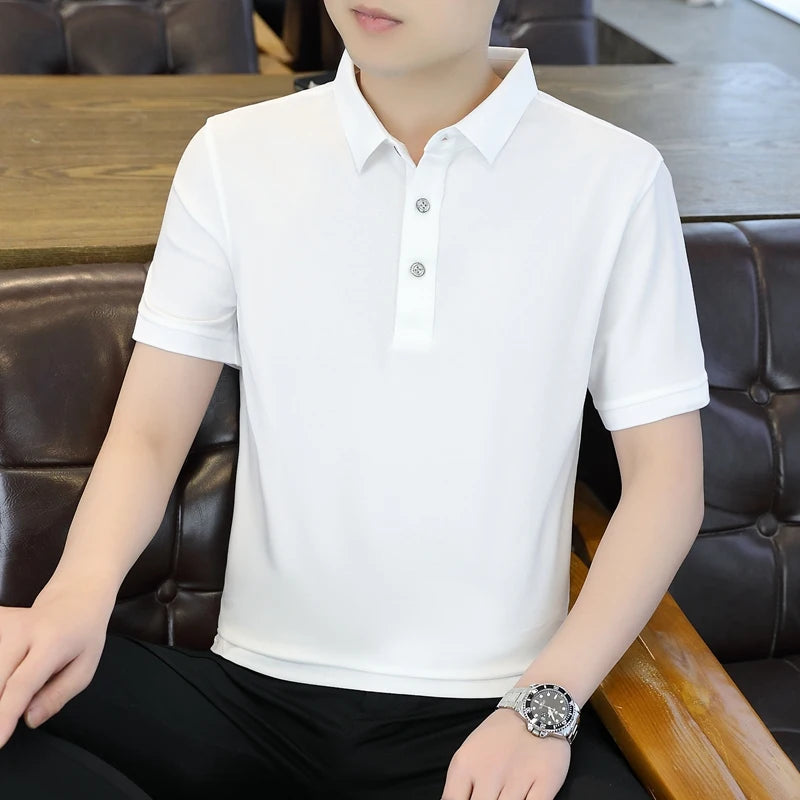 Summer Short Sleeve Men's Solid Button Pullover Turn-down Collar Vacation T-shirt Casual Formal Undershirt Preppy Style Tops