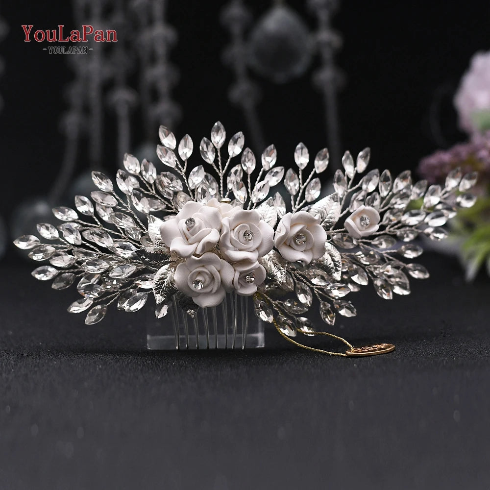 YouLaPan Gold Floral Wedding Hair Comb Bridal Crystal Pearls Headpiece Hair Accessories Bride Jewelry Women Hair Clips HP368