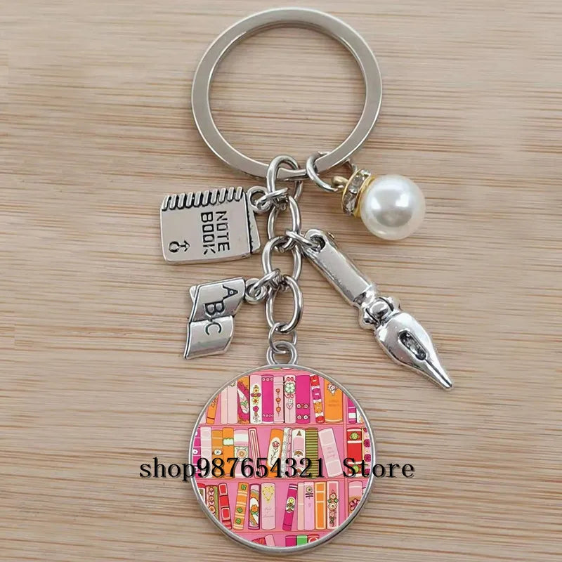 Classic Library Books Keychain Vintage Old Books Key Chain Librarians Key Ring Gift for Nerd Bookworm Writer Teacher