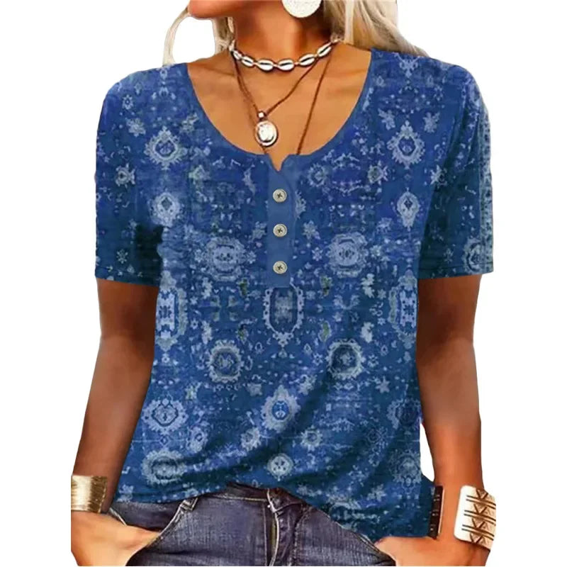 2025 Europe and The United States clothes Fashion Short-sleeved Printed Ethnic Fashion T-shirt Female Clothes Daily Wear Hot Sale Shirts