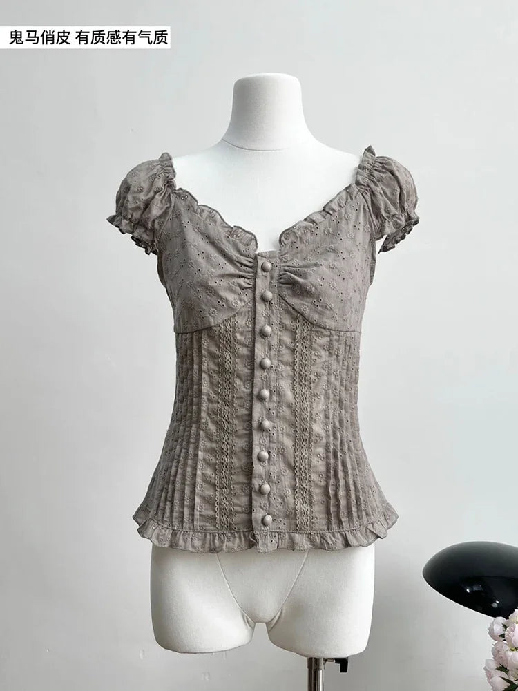 2025 New Women White Hollow Out Design Shirt Pleated Slash Neck Puff Sleeve Blouses Female Slim Ruffle Single Breasted Clothes