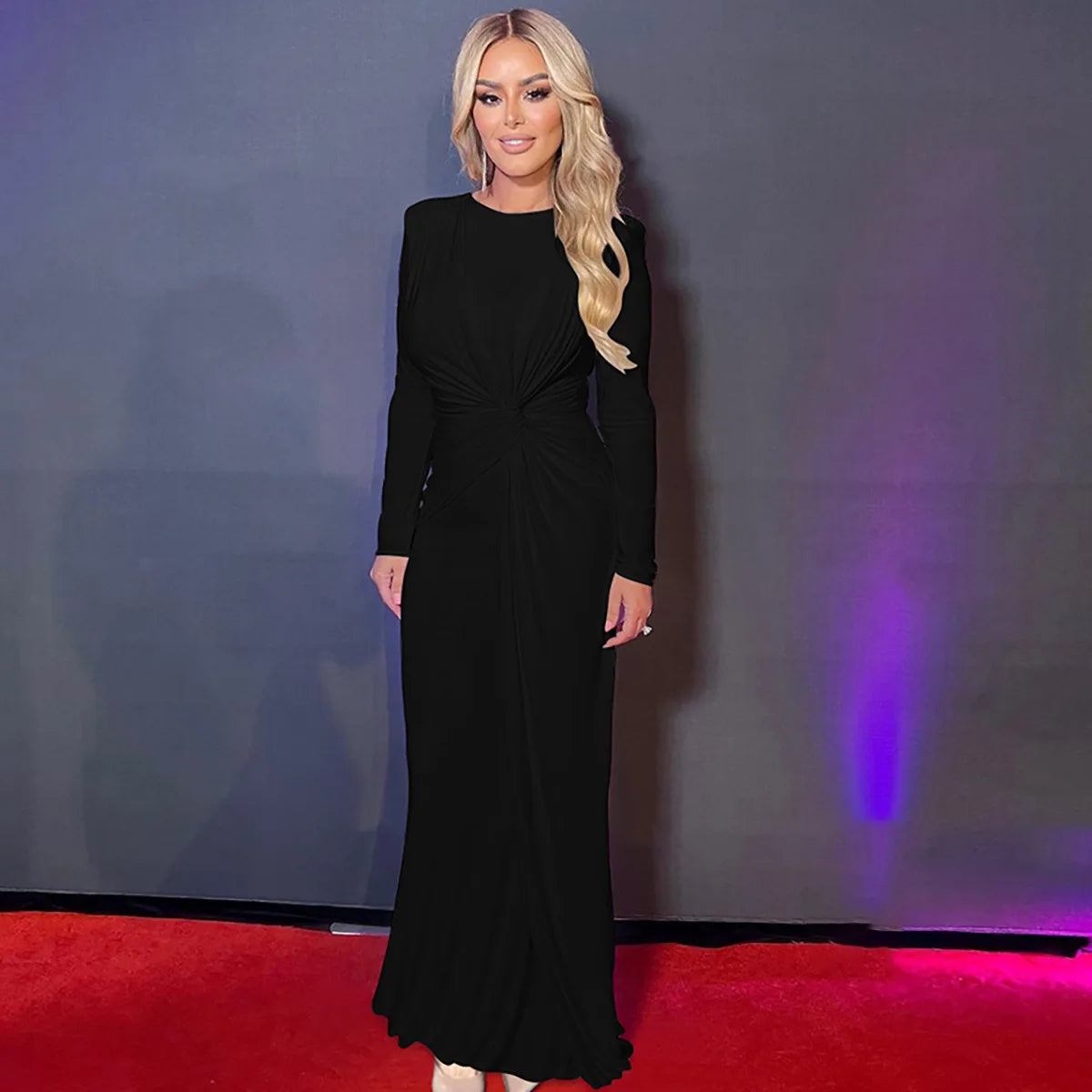 Luxury High Waist Folds Long Gray Dresses Women Long Sleeve Curvy Party Evening Dress Gowns Formal Occasion Solid Robe Winter