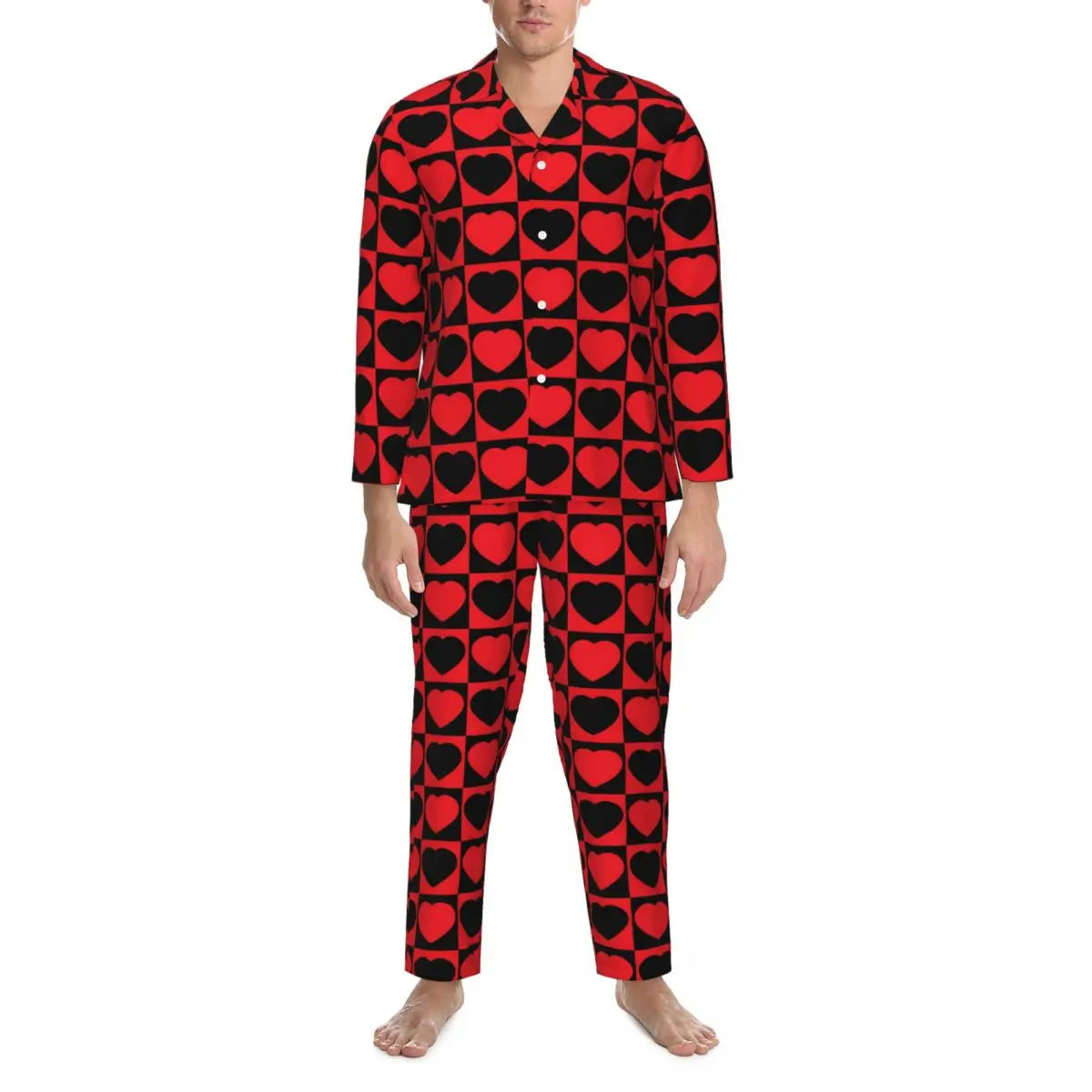 Valentine Hearts Pajama Sets Black and Red Cute Sleepwear Men Long Sleeve Retro Daily Two Piece Nightwear Plus Size
