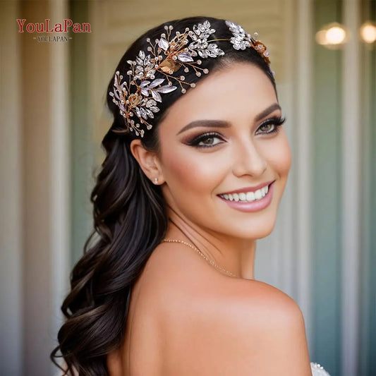 YouLaPan Crystal Bridal Headpiece Alloy Leaf Headband for Brides Wedding Hair Accessories Princess Tiara Pageant Headdress HP272