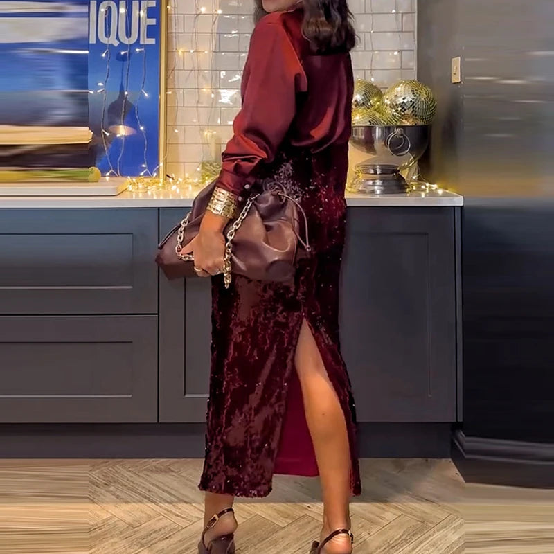 2025 Fashion Temperament Party Suits Elegant Lapel Button Shirts & Sequin Skirt Sets Women Casual Long Sleeve Solid 2Pc Outfits