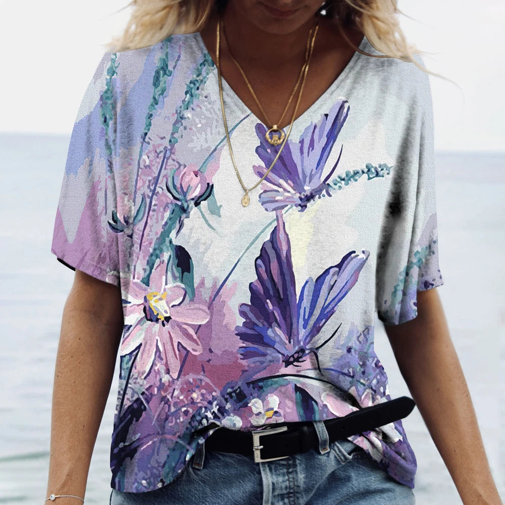Butterfly Printed Women's T-Shirt clothes 3D V-Neck Cotton Fashion Short Sleeve Tops 2025 Casual Basic Girl's Clothing Harajuku Clothes