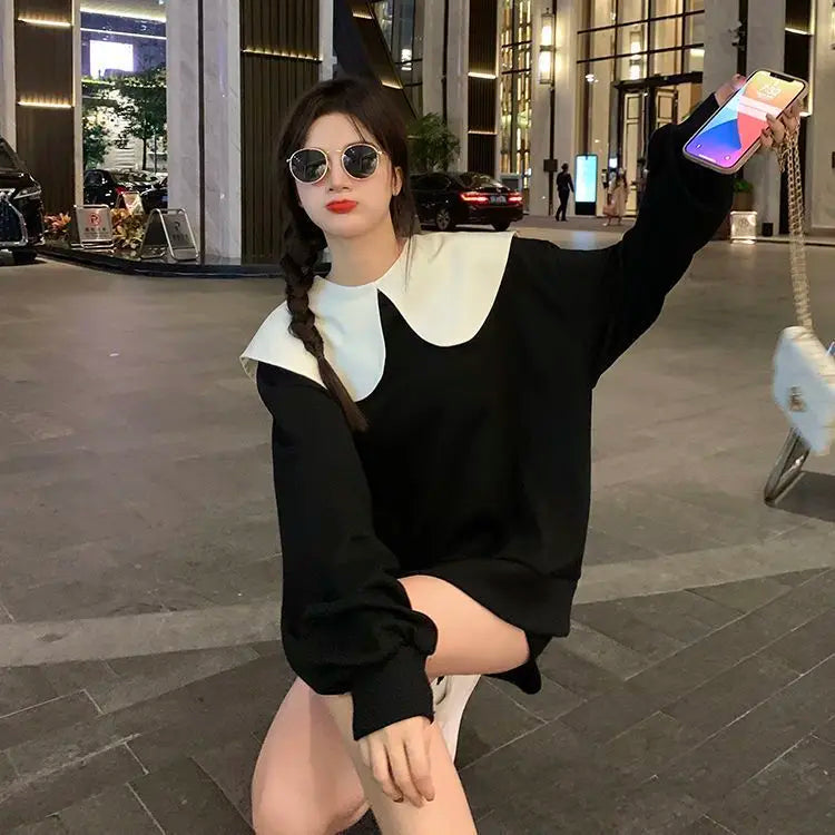 Bow Doll Collar Sweatshirt for Women New Style Loose Sweet Hoodless Petite Fashionable Age-reducing Top clothes