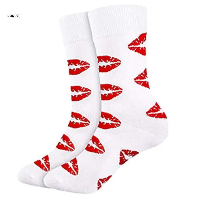 Cotton Middle Calf Socks for Him and Her Heart Lips Pattern for Valentines Day X7YA