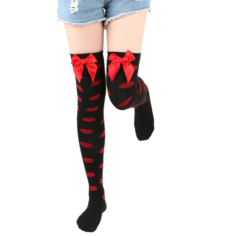 Valentine Day Bow Lip Heart Pattern Thigh High Stockings Tights for Women