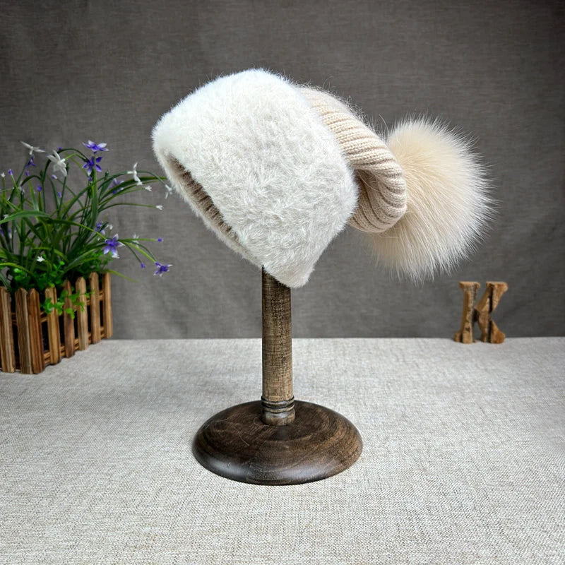 2024 new women's thickened Korean version fox fur ball knitted hat women's autumn and winter rabbit fur plush woolen hat trend