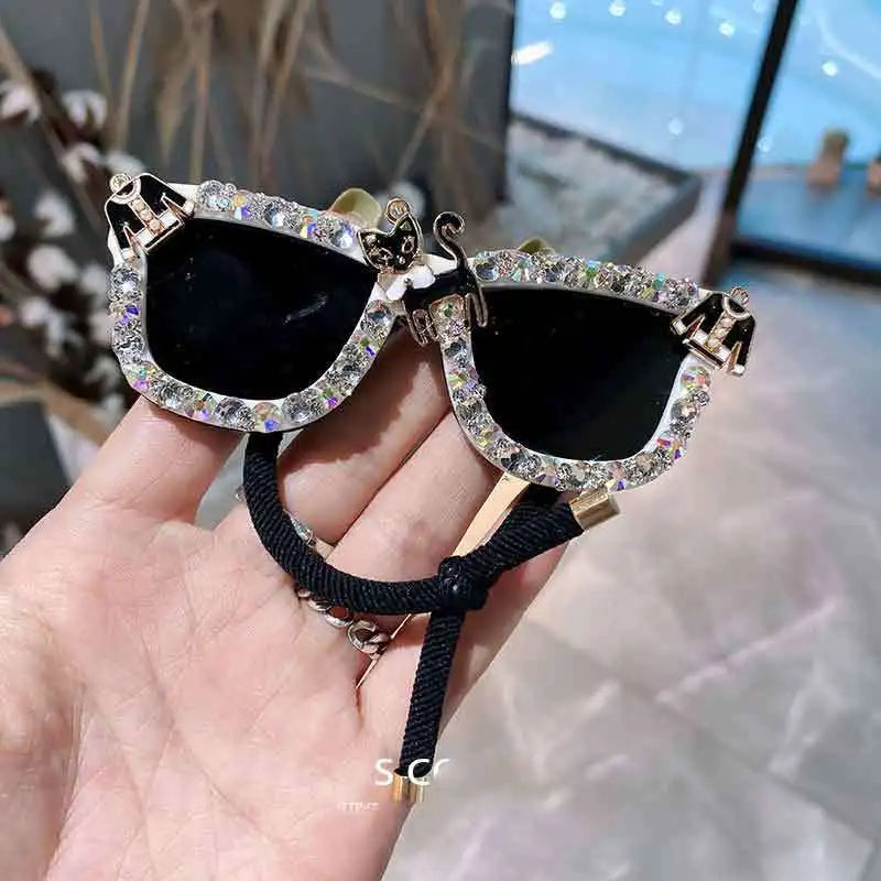 Black Sunglasses Shape Elastic Hair Bands Pins for Women Crystal Rhinestone Hairband Hair Clips Rope Tie Girls Hair Accesorios