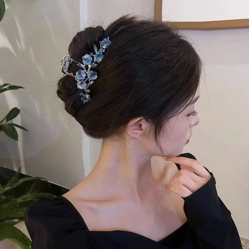 Flower Camellia Hair Claw Ponytail Holder Hair Accessories Large Shark Clip Headdress Korean Style Metal Hair Crab Clip Girls