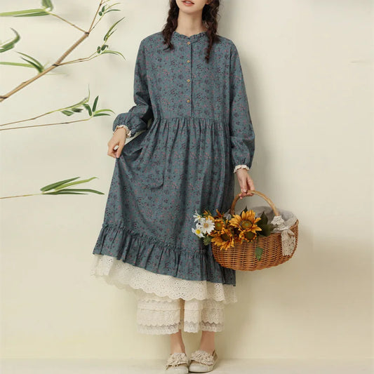 Japanese Fashion Print Dress Pretty Cotton Linen Spring Women New Floral Loose Long-sleeved  Dress Midi Vestido de Mujer Clothes clothes