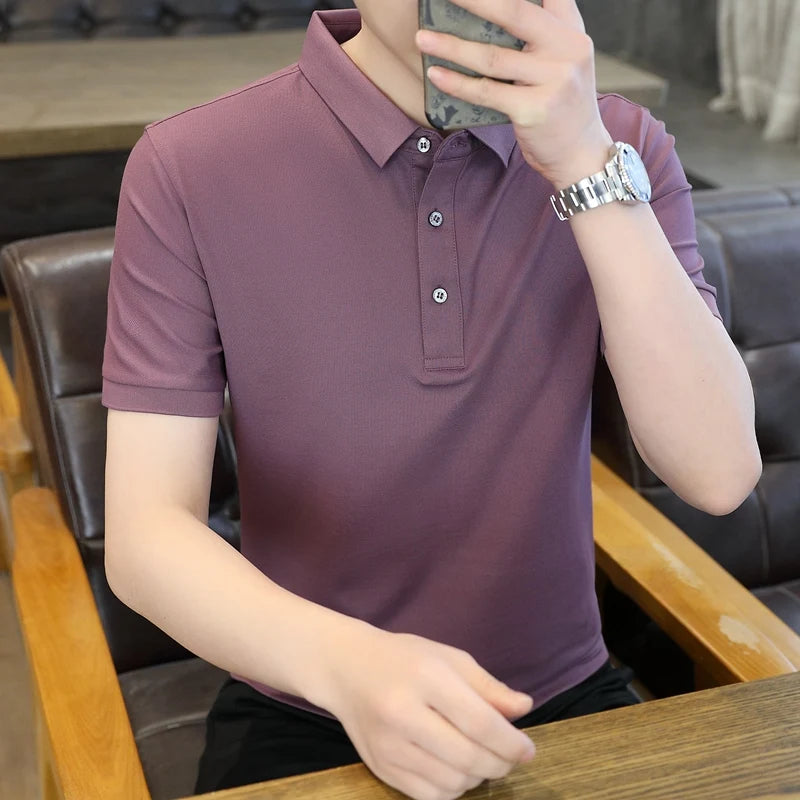 Summer Short Sleeve Men's Solid Button Pullover Turn-down Collar Vacation T-shirt Casual Formal Undershirt Preppy Style Tops