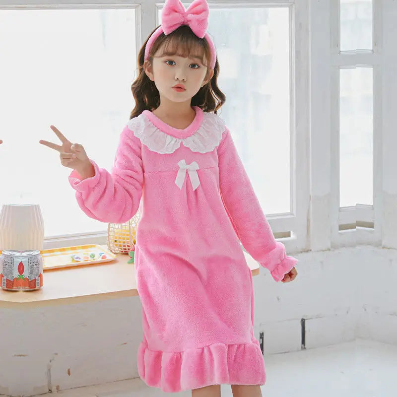 Autumn Winter Girls Flannel Nightdress Children Long-sleeve Nightdress Round Neck Bowknot Decoration Princess Style Pajamas