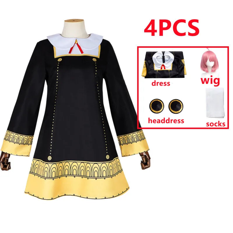 Anime SPY FAMILY Anya Forger Cosplay Kostüm Kleinkind Kinder Anya Cospla Kawaii Schwarzes Kleid Party Kleidung Perücke Halloween Frauen Mädchen 