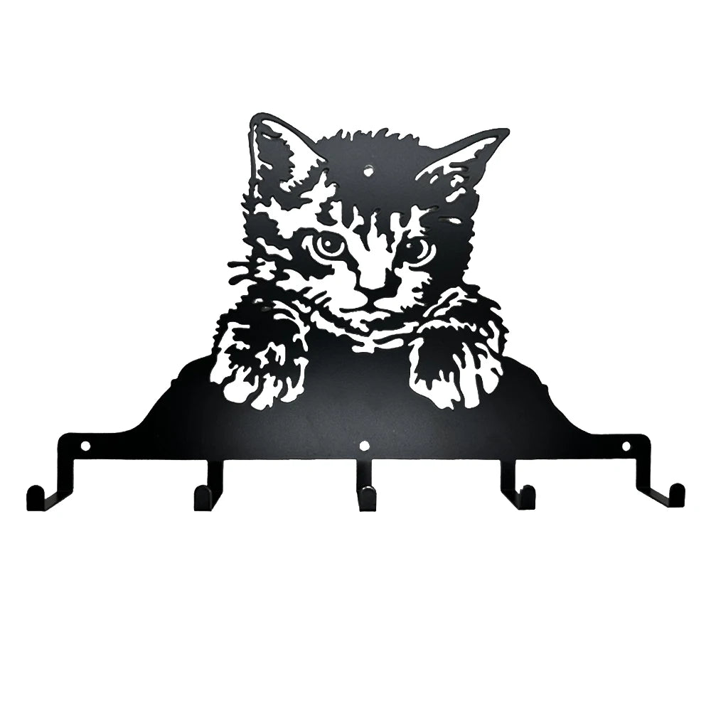 Cute Kawaii Metal Key Holder Black Key Hooks Wall Mount Hanger Decor Hanging Organizer Rack Decorative with 5 Hooks Cat Pattern