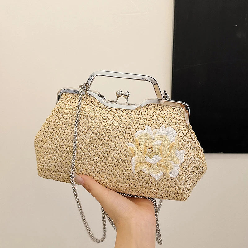 Straw weaving women purse,fashion Embroidered flower handbag for women,lady Beach holiday shoulder crossbody bag,messenger bag