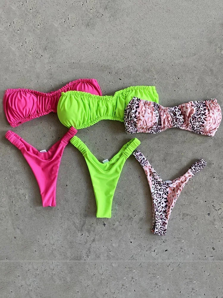 High Cut Extreme Micro Thong Bikini Women Bandeau Swimsuit Female Swimwear Two Pieces Bikini Set Wrinkled Bathing Suit Swim Lady