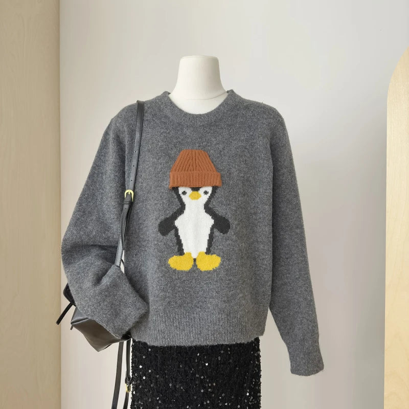 سترة نسائية فضفاضة جديدة لخريف وشتاء 2024 عالية الجودة كورية أنيقة لطيفة على شكل قبعة البطريق سترة محبوكة من الجاكار 