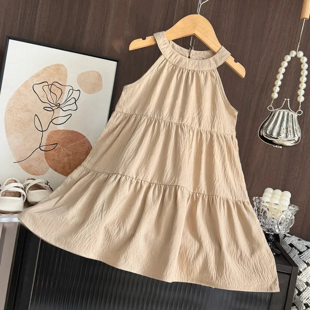 Summer Sleeveless Hanging Neck Girls Dress Khaki Casual Dresses