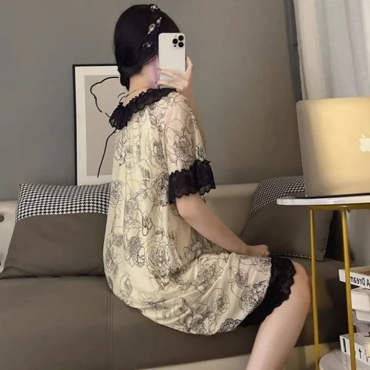 Modal Short Sleeve Premium Lace Lacework Pajamas Women's Loose Thin Loungewear with Chest Pad Summer Fashion Female Nightdress