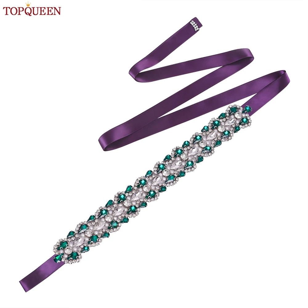 TOPQUEEN Luxury New Bridal Belt Wedding Supplies Dinner Dress Waist Decoration Green Bridesmaid Sash Accessories S466-D