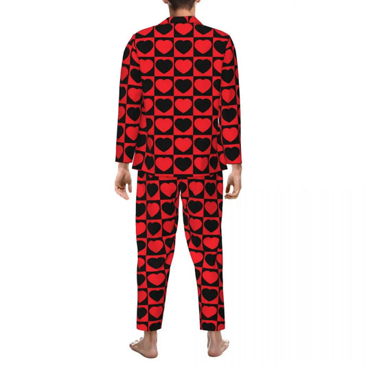 Valentine Hearts Pajama Sets Black and Red Cute Sleepwear Men Long Sleeve Retro Daily Two Piece Nightwear Plus Size