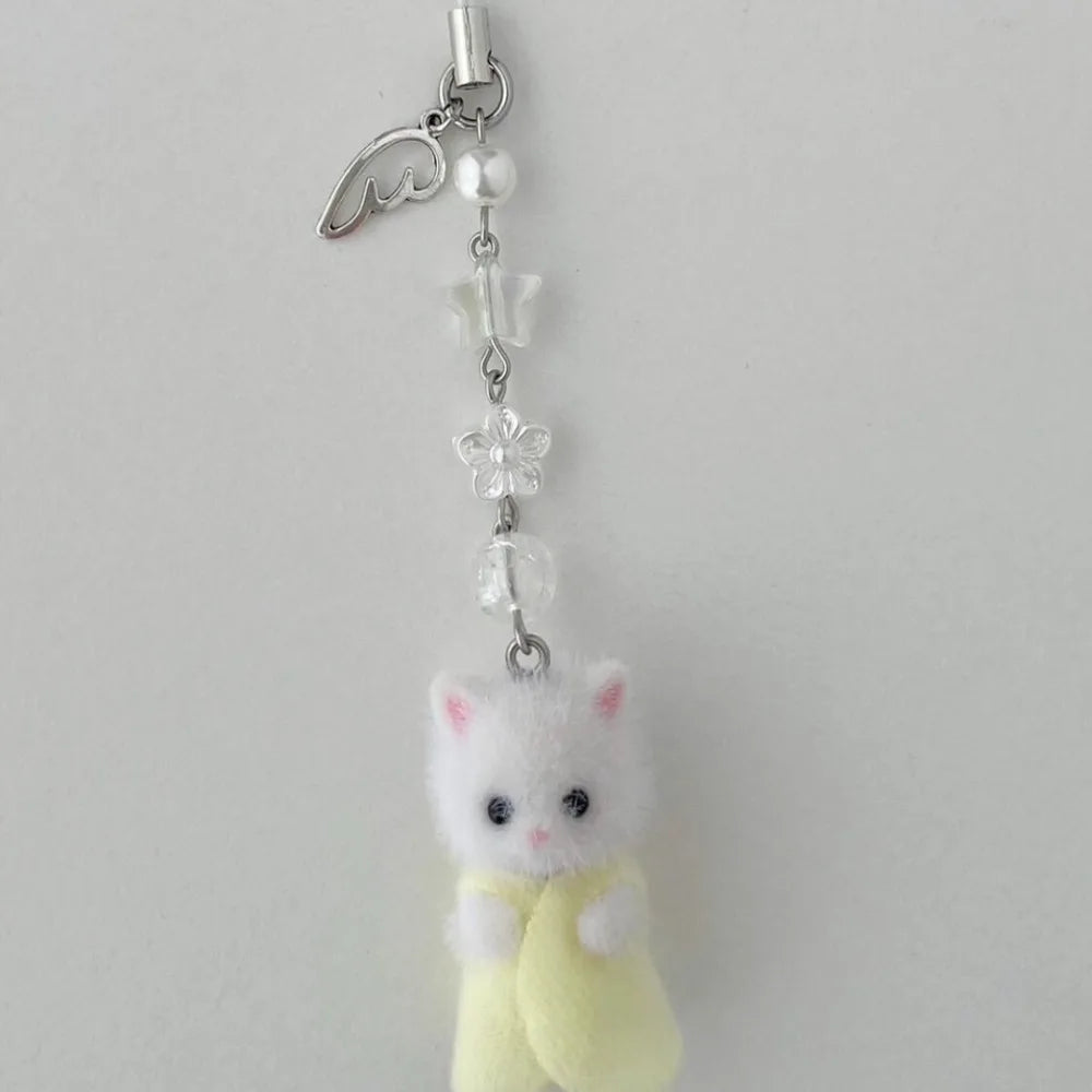 Kawaii Flocking Cat Pendant Phone Lanyard Cute Mobile Phone Charm Backpack Headphone Case Decoration for Girls Jewelry Gifts