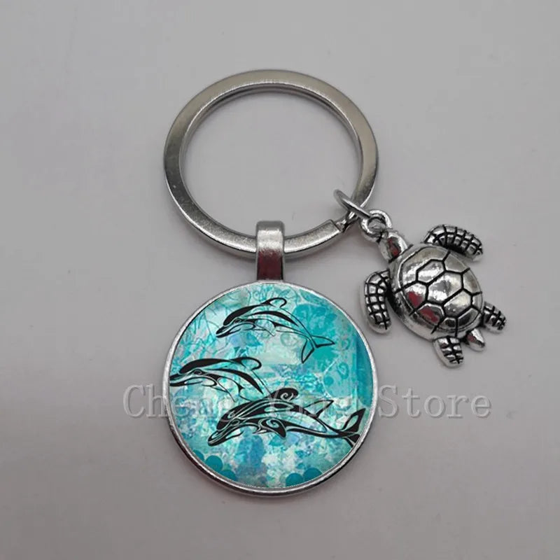 Marine life jewelry turtle dolphin shell keychain key ring glass convex round keychain charm turtle pendant Christmas gift