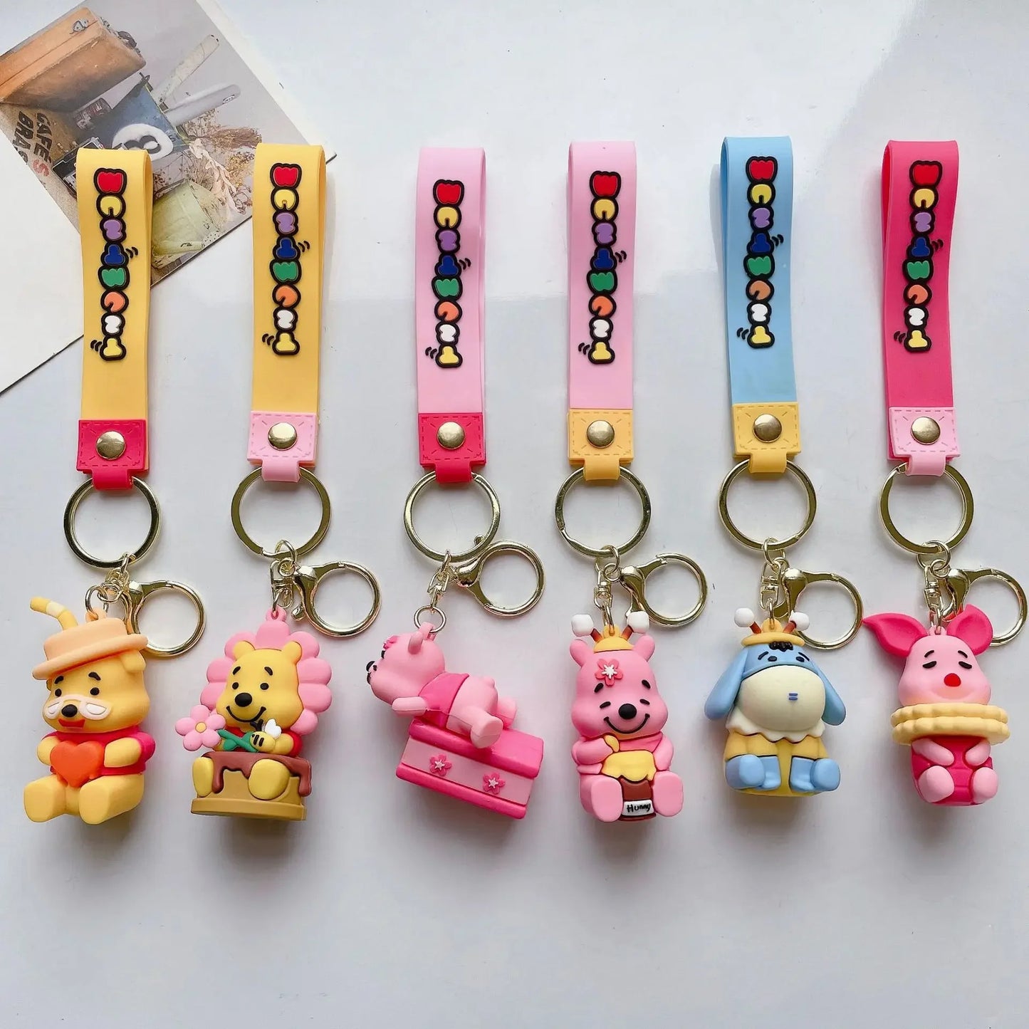 Disney Cartoon Pooh Bear Silicone Keychain for Women Men Kids Lovely Pink Piglet Eeyore Keyring Accessories Gifts