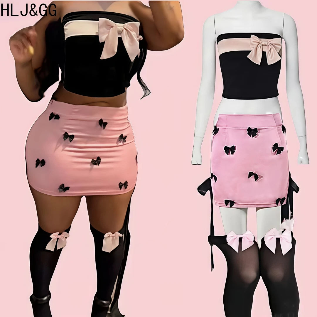 HLJ&GG Y2K Pink Fashion Bow Design Two Piece Sets For Women Sleeveless Backless Slim Tube + Mini Skirts Outfits Female Clothing