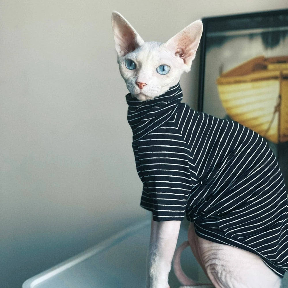 Clothing for Cat Spring Warm Striped Cotton T-Shirt Long Sleeves Coat for Sphynx Soft Green Black Jumpsuit for Kittens in Autumn