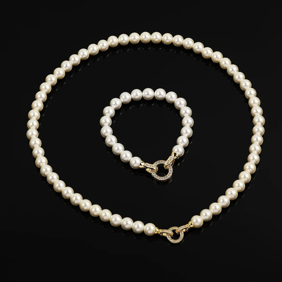 ZAKOL Elegant Zircon Round Buckle Imitation Pearl Beaded Necklace Barcelet For Women's Temperament Jewelry Set Sweet Accessories