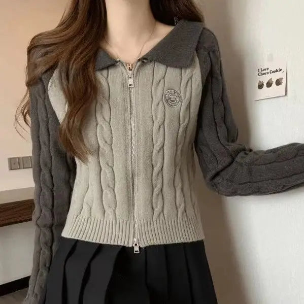 Color Blocking Design Knitted Sweater Women's Short Base Sweater Double Zipper Sweater Cardigan Top
