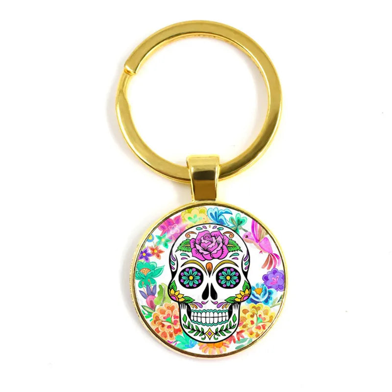 Fashion Colorful Sugar Skull Keychain Mexico Folk Art Patterns Glass Pendant Key Chain Jewelry Holiday Gift