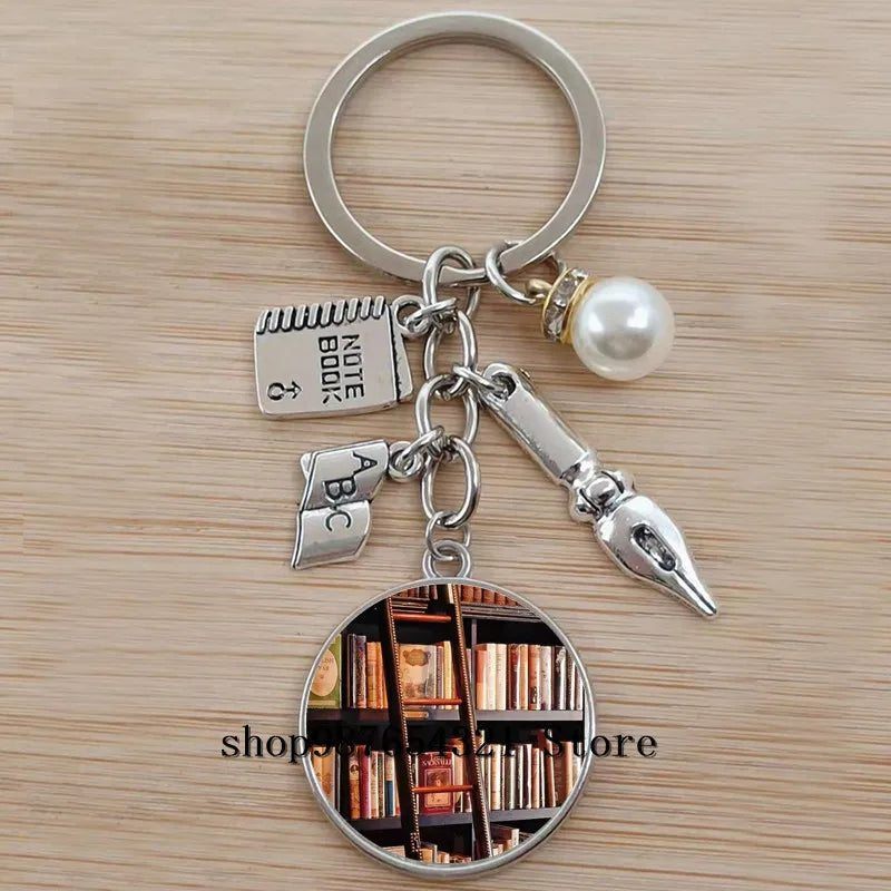 Classic Library Books Keychain Vintage Old Books Key Chain Librarians Key Ring Gift for Nerd Bookworm Writer Teacher