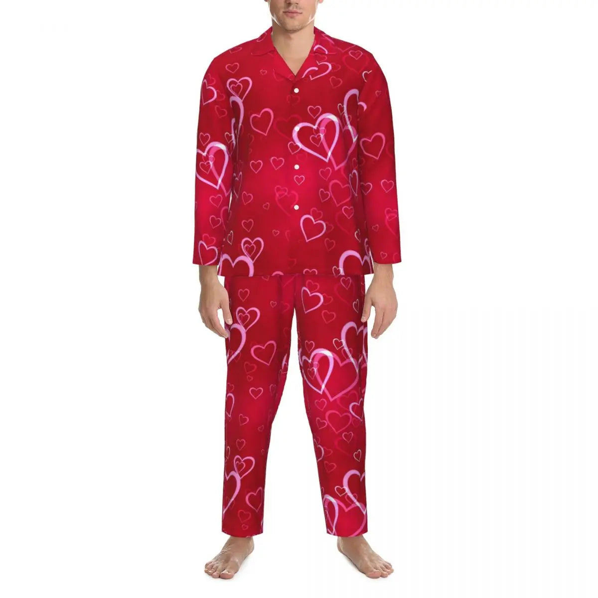 Valentine Hearts Pajama Sets Black and Red Cute Sleepwear Men Long Sleeve Retro Daily Two Piece Nightwear Plus Size