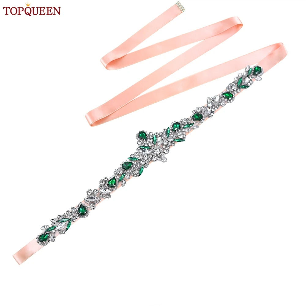 TOPQUEEN S462-KL Rhinestone Bridal Belt Wedding With Green Diamond Wedding Dress Accessories Belt Sash Party Women Dress Belt