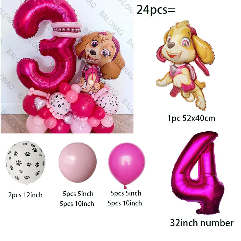 24pcs Pink PAW Patrol Skye Party Balloons Skye Number Foil Balloon Set Baby Shower Girls Birthday Party Decoration Kids Toy Gift