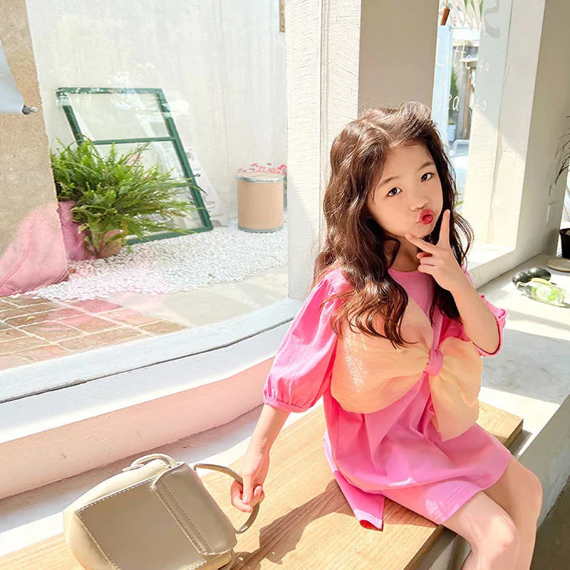 2024 Summer New Girls' Dress Big Bow Dress Sweater T-shirt Dress Casual Baby Kids Clothes Personalized Children's Clothing
