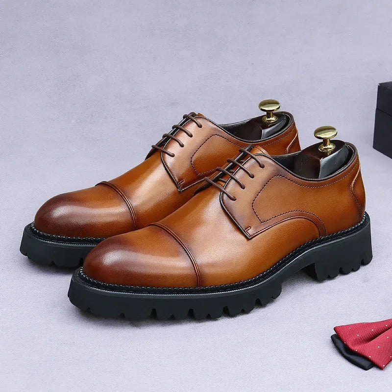 Retro Mens Dress Shoes Luxury Genuine Leather Platform 2025 British Trend Handmade Quality Comfortable Wedding Social Shoes Man