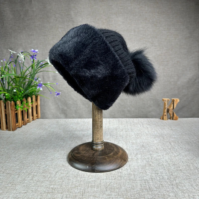 2024 new women's thickened Korean version fox fur ball knitted hat women's autumn and winter rabbit fur plush woolen hat trend