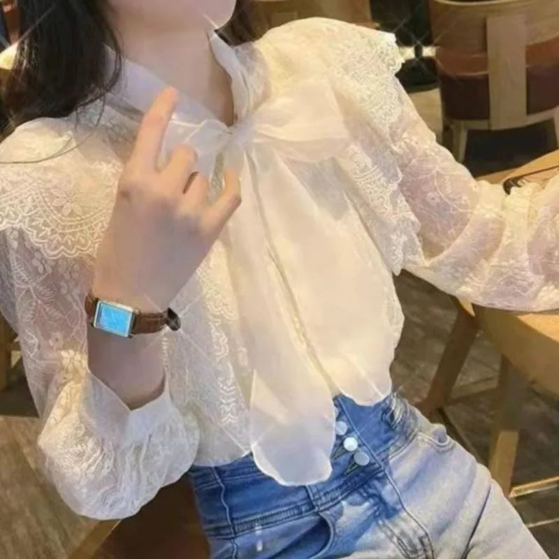 Blouses Women Scarf Collar Long Sleeve Elegant Chiffon Tops Bow Lace Fairy