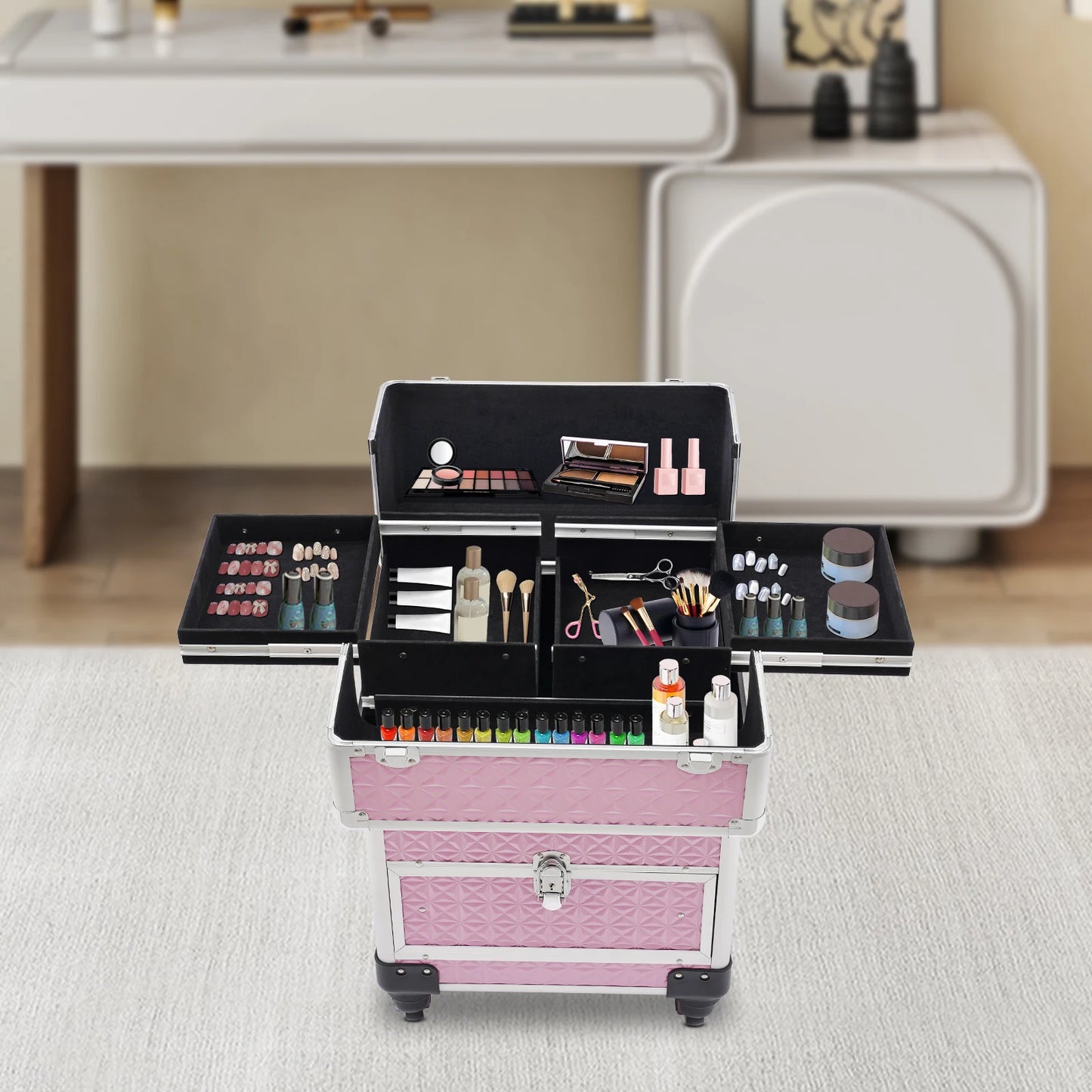 Rolling Nail Case Wheeled Manicure Storage Case Polish Organizer Professional Makeup Trolley for Studio or Travelling