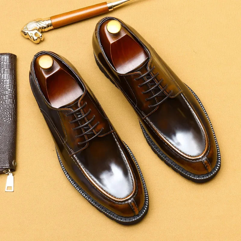 Vintage Flat Mens Dress Shoes Luxury Genuine Leather Handmade Quality Comfortable 2025 Spring Patent Leather Wedding Shoes Man