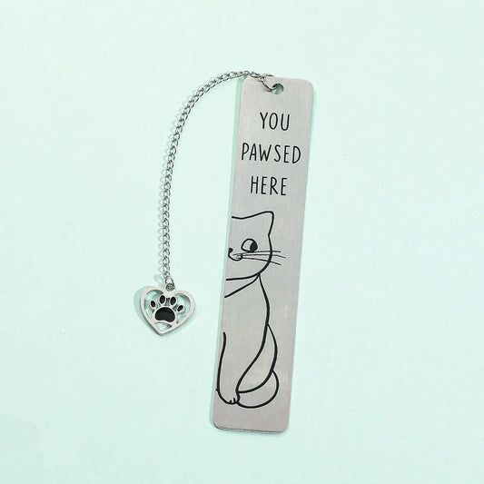 Cute Cat Metal Bookmark,Funny You Pawsed Here Cat Stainless Steel Bookmarks with Tassel, Reading Supplies Gift for Cat Book Love