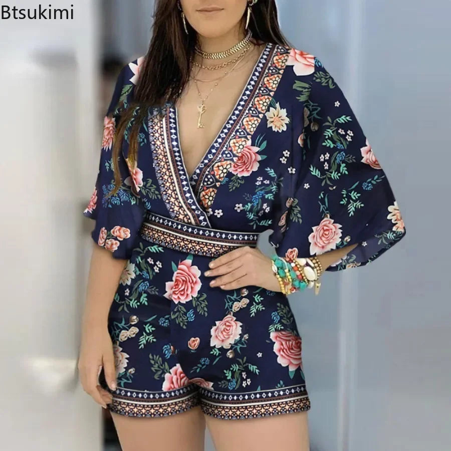 2025  clothes Women's Casual Jumpsuits Elegant Floral Print Overalls Summer Deep V-neck 3/4 Sleeve Rompers Ladies' Clothes Mujer Outfits
